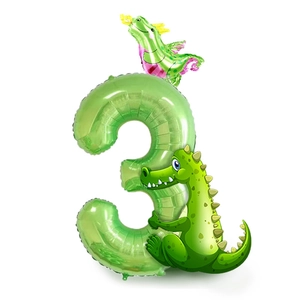 Green number 3 aluminum foil balloon set with cute dinosaur decorations for birthday party