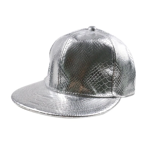 Silver snakeskin textured PU leather snapback hat with metallic finish flat brim style
