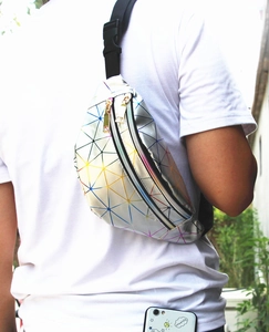 Detail of silver laser holographic waist bag with geometric panels and dual zippers