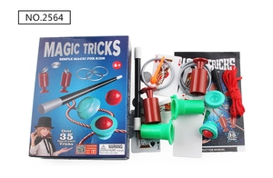 Detailed magic trick set featuring magic wand, cups, cards and manual for children