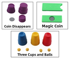 Detail of kids magic set featuring coin disappearance, magic slider and cup tricks