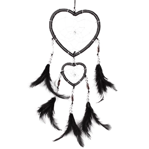 Handcrafted black double heart dreamcatcher with feathers and beads on white background