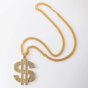 18K gold plated hip hop necklace with large iced out dollar sign pendant on rope chain