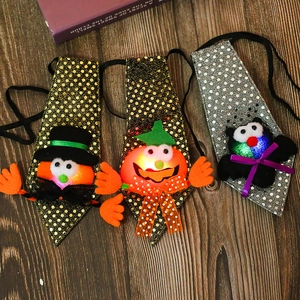 Halloween LED Light Up Tie Luminous Sequin Necktie For Party Cosplay Performance Cartoon Pumpkin Bat Pattern Accessory