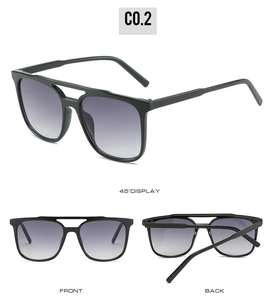 Three-angle view of square double-bridge black sunglasses with purple gradient lenses