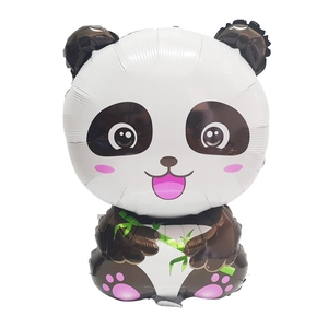Detailed view of a cute cartoon panda foil balloon holding green bamboo on white background
