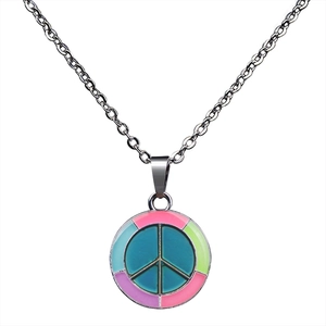 Detail of silver chain necklace with round peace symbol pendant in colorful enamel finish