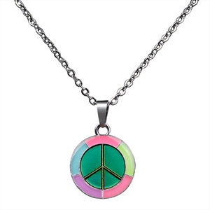 Macro detail of peace sign pendant with colorful enamel trim and silver chain