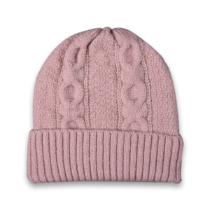 Detail of pink cable-knit beanie featuring chunky knit texture and ribbed cuff
