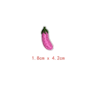 Embroidered eggplant patch in pink and green for clothing decoration, size 1.8cm x 4.2cm