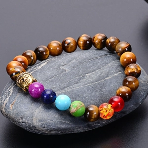 Tiger eye stone bracelet with golden buddha head and seven chakra beads on stone