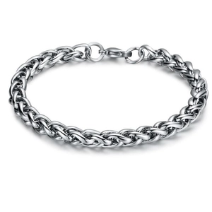 Polished silver titanium steel basket weave bracelet for men with dragon link chain design