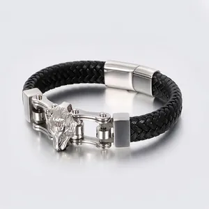 Men Braided Cowhide Leather Bracelet With Stainless Steel Lion Wolf Head Charm Punk Biker Retro Jewelry