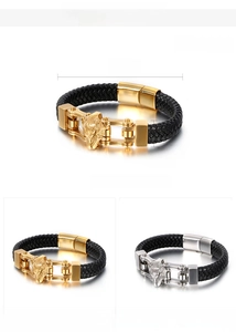 Detailed dimensions of braided leather bracelet with stainless steel wolf head clasp