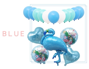 Blue flamingo foil balloon set with heart shapes and tropical floral print balloons