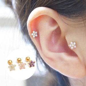 Flower Ear Cartilage Stud Piercing Stainless Steel Copper Cubic Zirconia Screw Ball Back Minimalist Jewelry