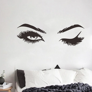 Minimalistische muursticker met sexy lange wimpers en knipogende ogen voor de slaapkamer