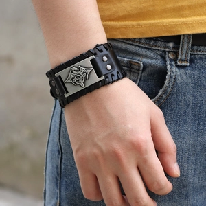 Vintage medieval black leather dragon totem bracelet with silver metal plate for men