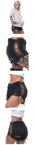 Detail view of high-waisted black ripped denim shorts with side lace-up metal eyelet design