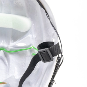 Internal view of LED mask with foam padding, elastic strap and green EL wire wiring