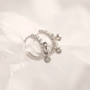 S925 silver hoop earrings featuring sparkling crystal pavé and three round drop charms