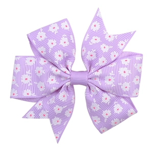 Handmade light purple ribbon bow hair clip with white daisy print for girls hair styling
