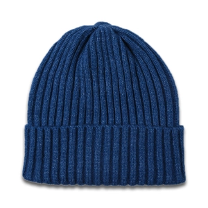 Close-up of dark blue ribbed knit pattern and soft texture on this winter beanie