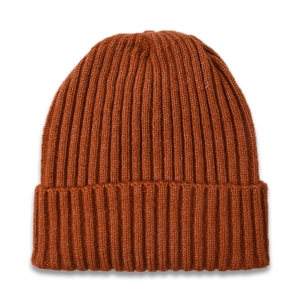Detail view of orange ribbed knit beanie showing soft wool texture and wide folded cuff