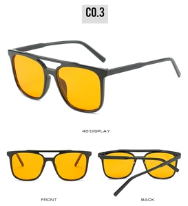 Detailed views of square double-bridge sunglasses with black frames and orange lenses