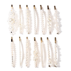 14-piece pearl hair clip set with gold metal backing in various elegant minimalist designs