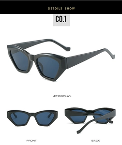 Three-view display of geometric black frame sunglasses with deep blue lenses and thick temples