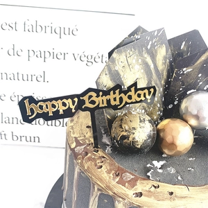 Black gold happy birthday cake topper set with spheres and fan cards for baking decor