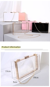 Detailed view of acrylic box clutch bags in various colors with size dimensions
