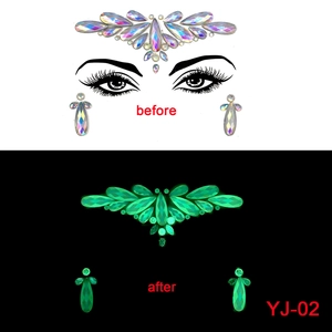 Detailed view of luminous Halloween face gems with iridescent crystals for festival makeup