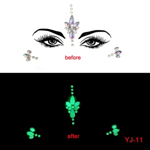 Luminous Halloween face jewels before and after glow-in-the-dark effect comparison