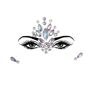 Detailed arrangement of iridescent acrylic face jewels on forehead and eyes