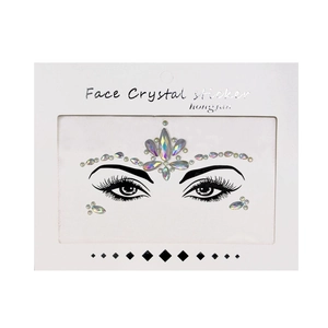 Macro detail of iridescent face crystal stickers for forehead and eyes decoration