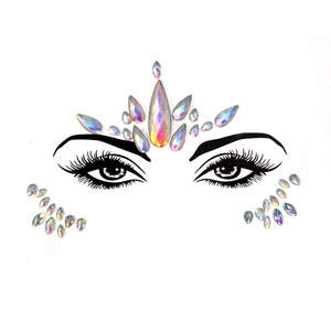 Detailed holographic teardrop face jewels shown on illustrative eye makeup template