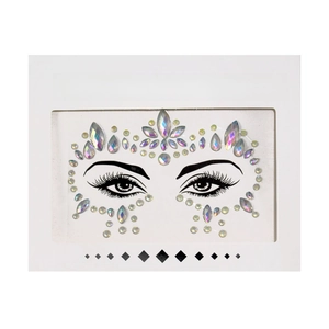 Detailed view of iridescent face crystal stickers for Halloween makeup in retail packaging
