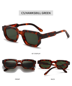 Three-angle view of retro tortoiseshell green frame sunglasses with dark green lenses