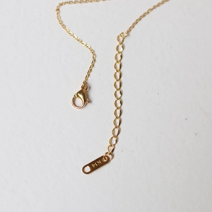 Detail of 14K gold plated necklace featuring lobster clasp and engraved K14 metal tag