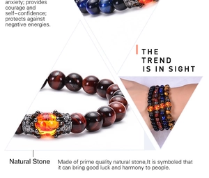 Macro view of natural tiger eye and lava stone beads with a crown-shaped charm detail