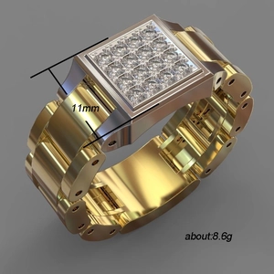Men's 11mm gold-plated watch band ring with square micro-pave cubic zirconia setting