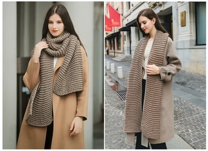 Detail of a thick brown knit scarf showing chunky texture and cozy styling for winter