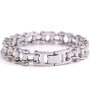 Polished silver stainless steel 12mm bicycle chain link bracelet with sturdy clasp