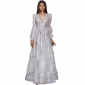 Elegant white lace sequined maxi dress with V-neck and embroidery for wedding evening party