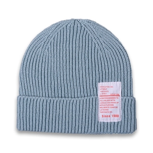 Detailed close-up of light blue knit beanie featuring a white woven patch with red text