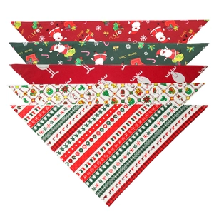 Five-pack Christmas cotton pet bandanas with Santa and reindeer prints on white background