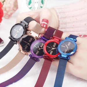 Starry sky dial ladies quartz watch with magnetic milanese mesh strap and roman numerals