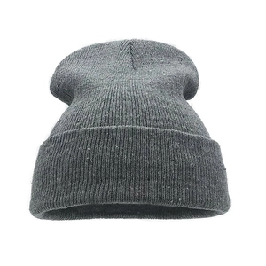 Detailed close-up showing the knit texture and cuffed hem of this gray winter beanie hat
